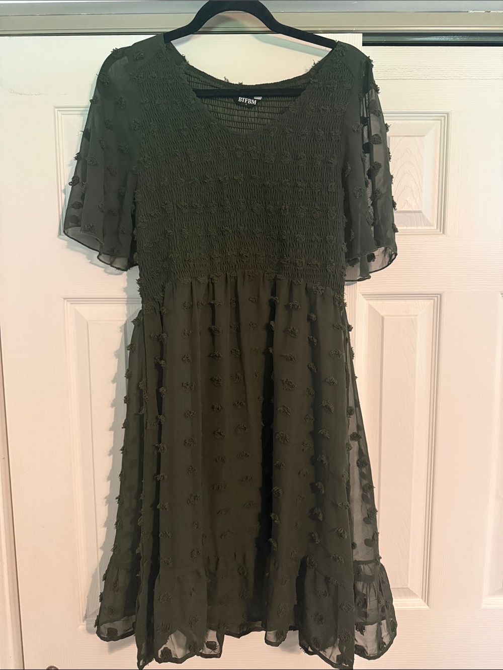 Smocked Olive Midi Dress with Textured Dot Overlay
